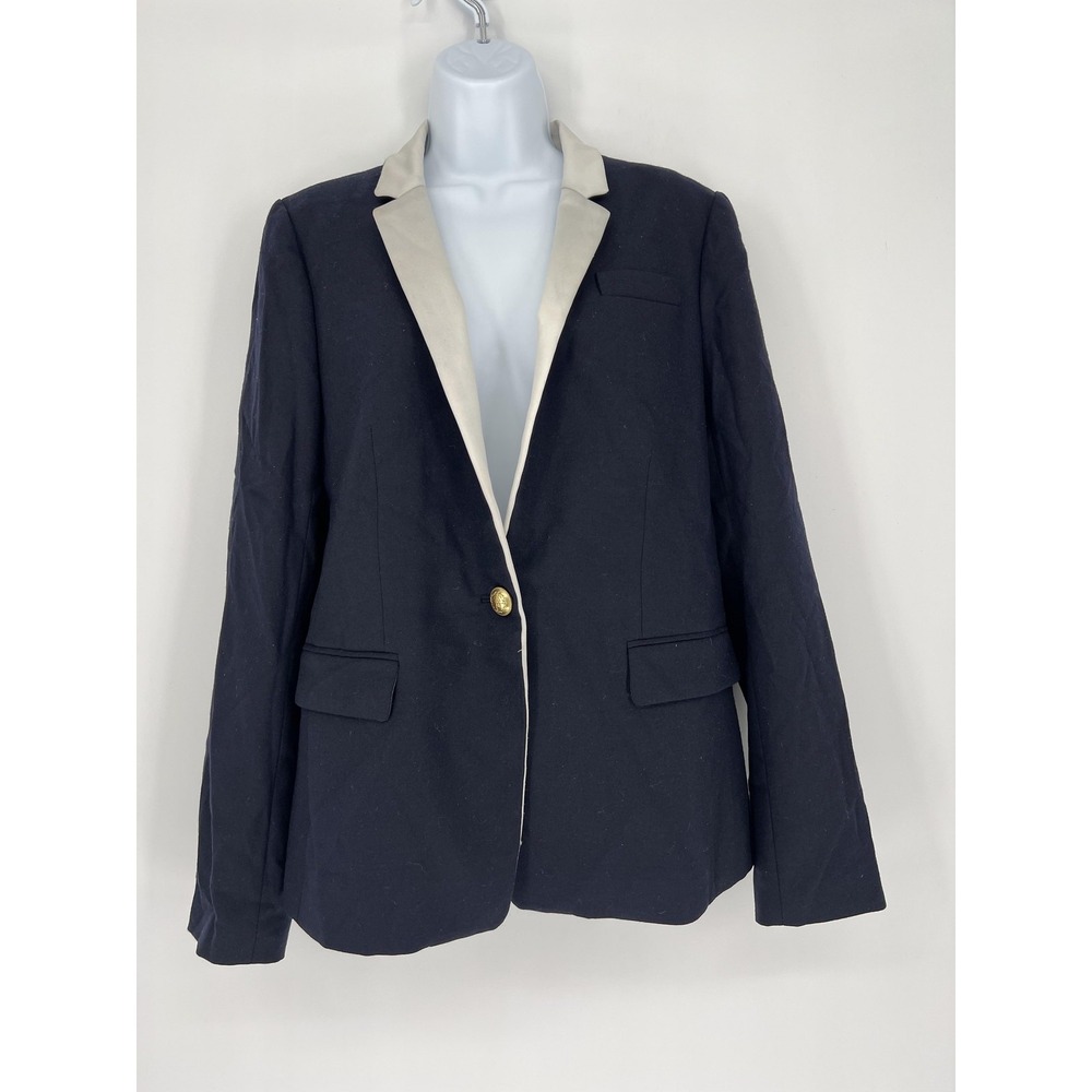 J Crew Regent Blazer Womens 12 Navy Tuxedo Jacket Cream Lapel Wool Trim